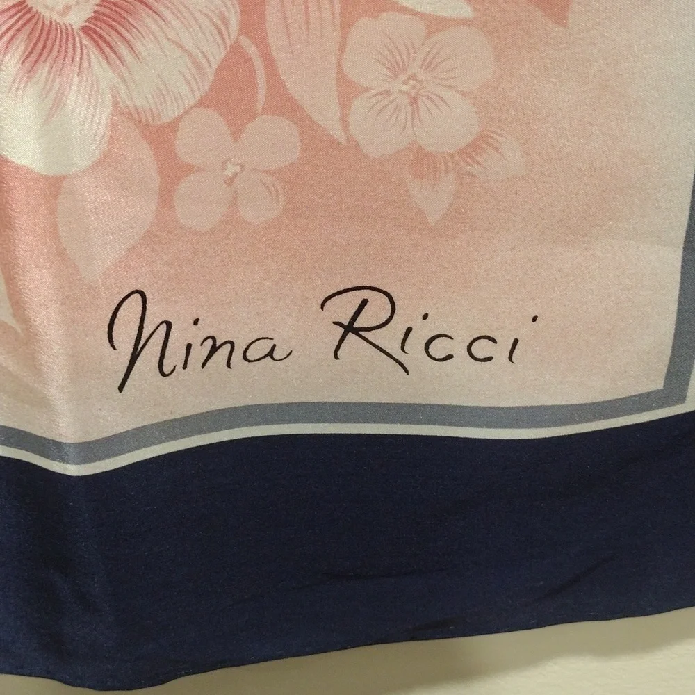 Luxury Nina Ricci Silk Scarf – Pink Floral Design with Blue, Grey & White 30x30